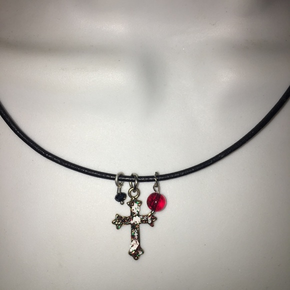 Cross charm necklace on black leather rope chain - Picture 2 of 3